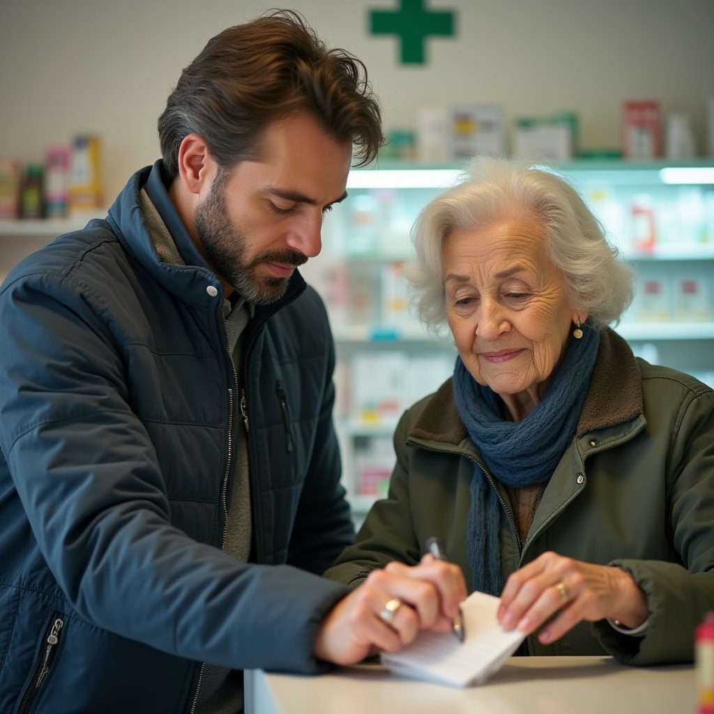 Accompagnatore che aiuta anziana in farmacia a Napoli