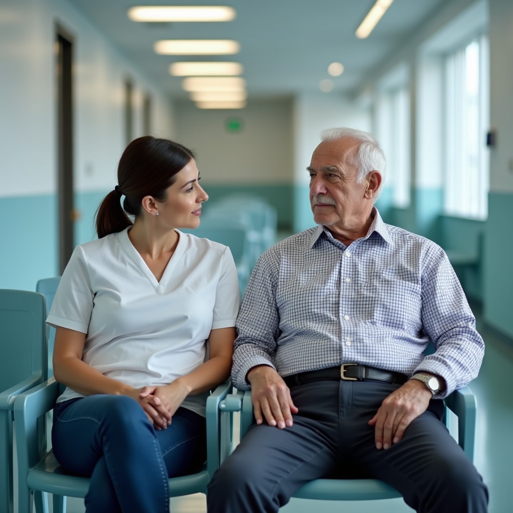 Anziano seduto in sala d'attesa di un ospedale con accompagnatore vicino