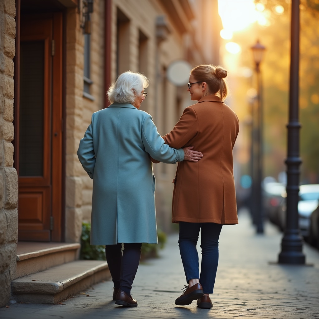 Anziana che viene riaccompagnata a casa dopo una visita medica